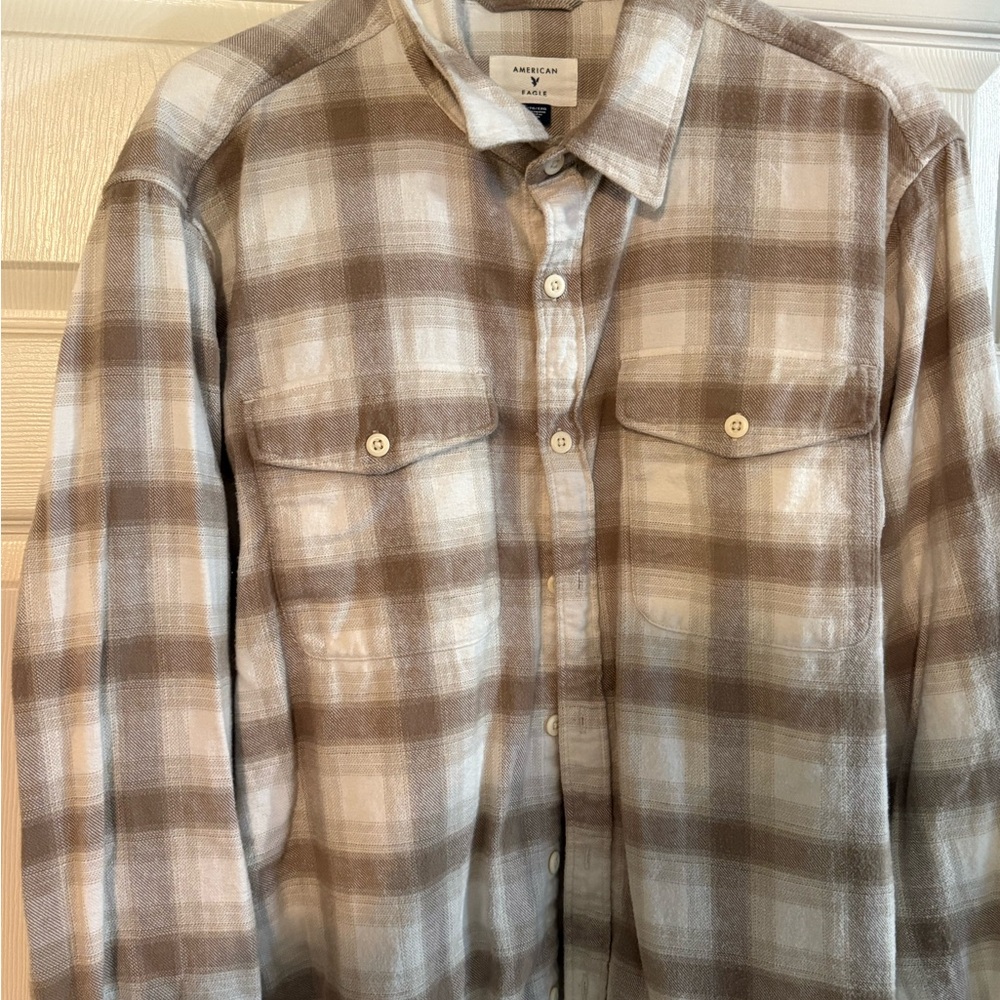 American Eagle Outfitters Men's Checkered Shirt Jacket - Brown and Cream